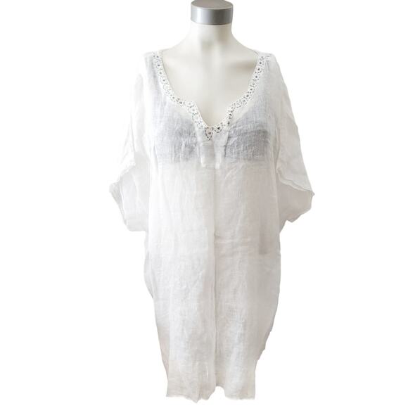 DOLMA white swim semi sheer linen beach boho cover up dress FREE SIZE - Picture 3 of 10